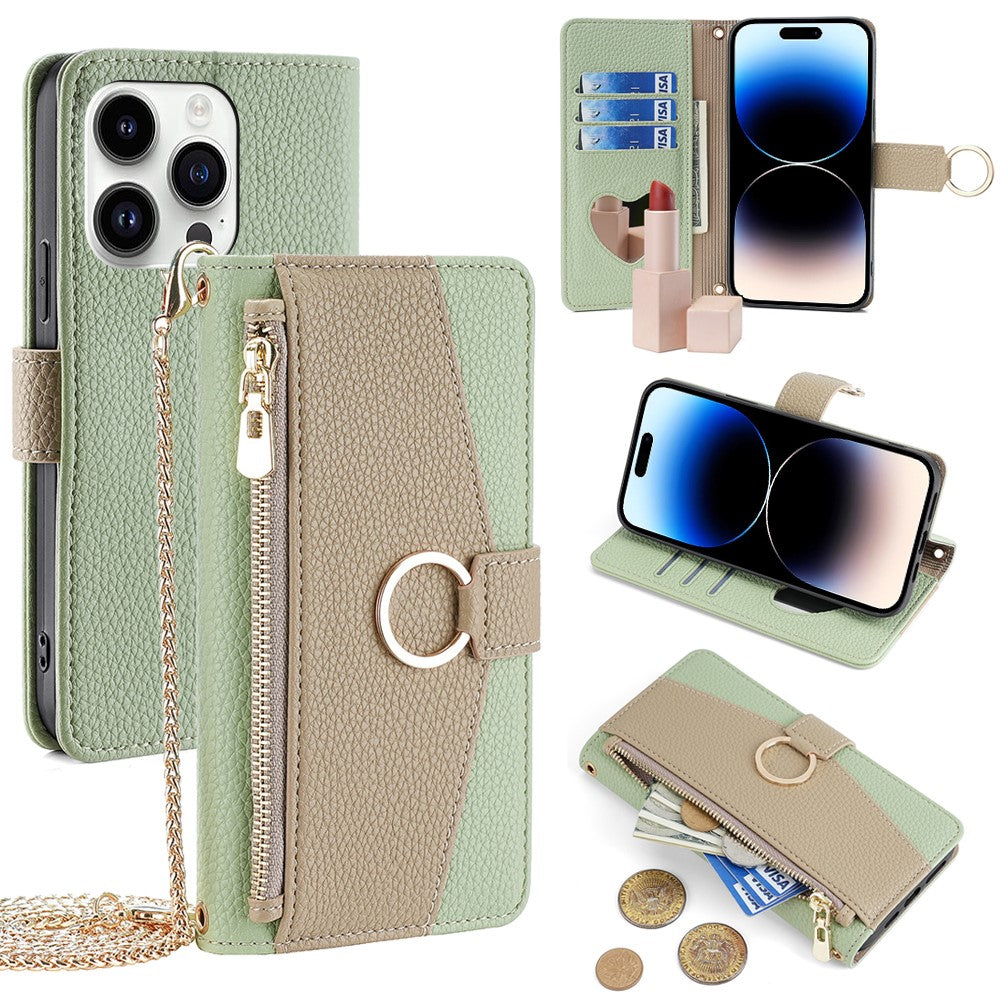 iPhone 14 Pro Wallet-Hülle – Litschi-Textur, mit Spiegel & Kettenschultergurt