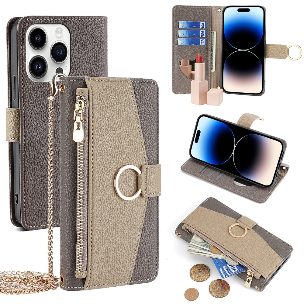 iPhone 14 Pro Wallet-Hülle – Litschi-Textur, mit Spiegel & Kettenschultergurt