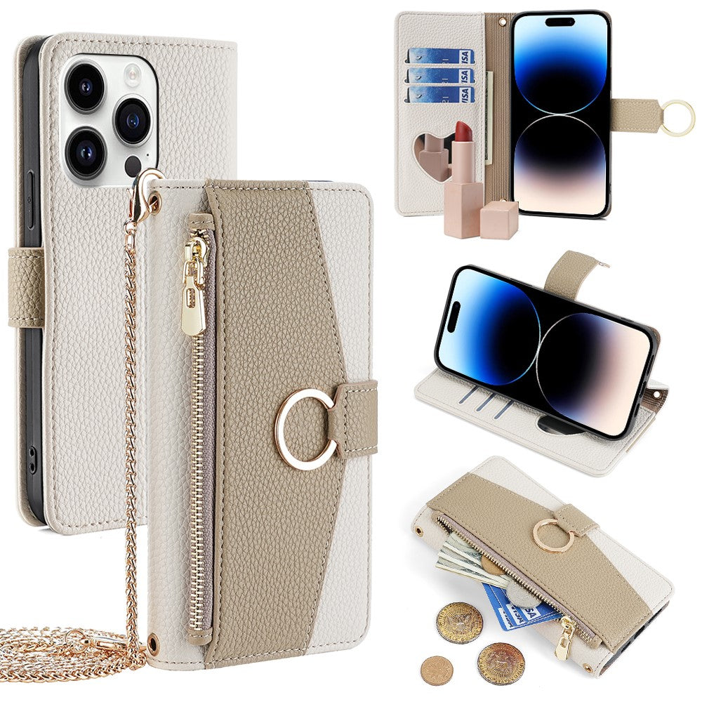 iPhone 14 Pro Wallet-Hülle – Litschi-Textur, mit Spiegel & Kettenschultergurt