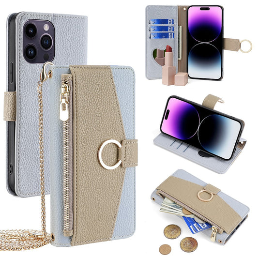 iPhone 14 Pro Max Wallet-Hülle – Litschi-Textur, mit Spiegel & Kettenschultergurt