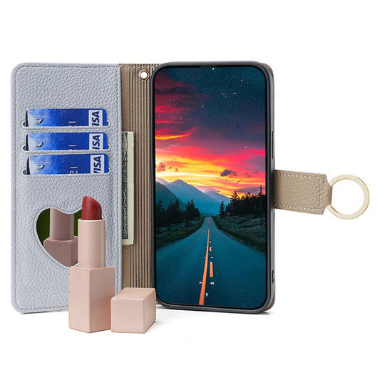 iPhone 14 Pro Max Wallet-Hülle – Litschi-Textur, mit Spiegel & Kettenschultergurt