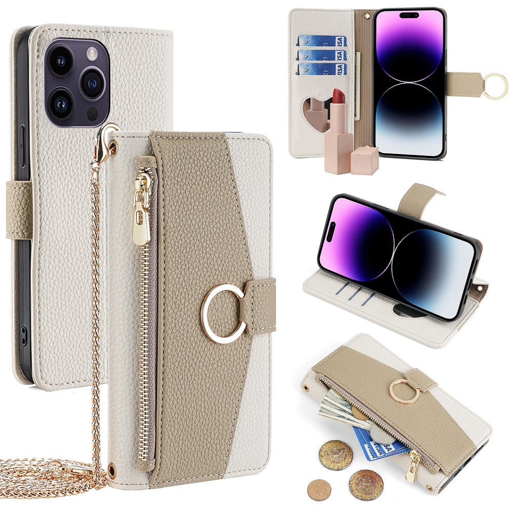 iPhone 14 Pro Max Wallet-Hülle – Litschi-Textur, mit Spiegel & Kettenschultergurt