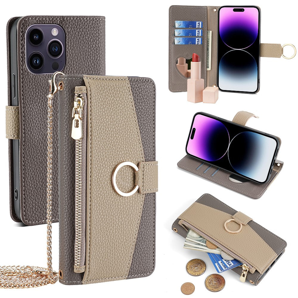 iPhone 14 Pro Max Wallet-Hülle – Litschi-Textur, mit Spiegel & Kettenschultergurt