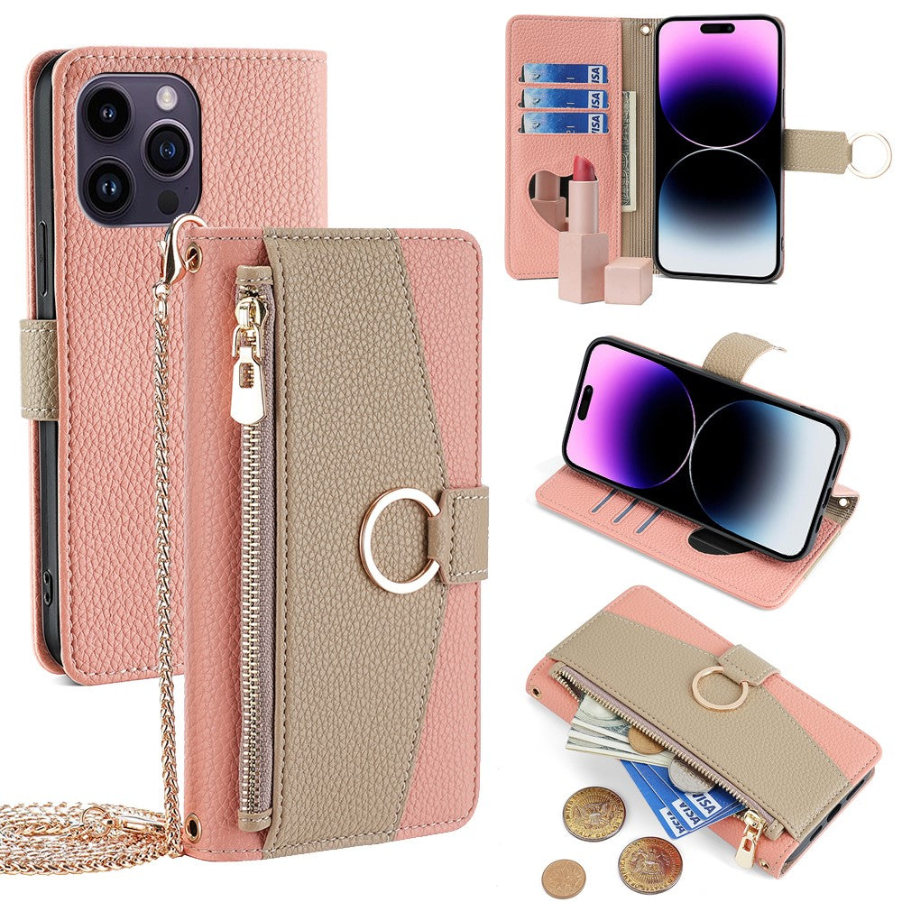 iPhone 14 Pro Max Wallet-Hülle – Litschi-Textur, mit Spiegel & Kettenschultergurt