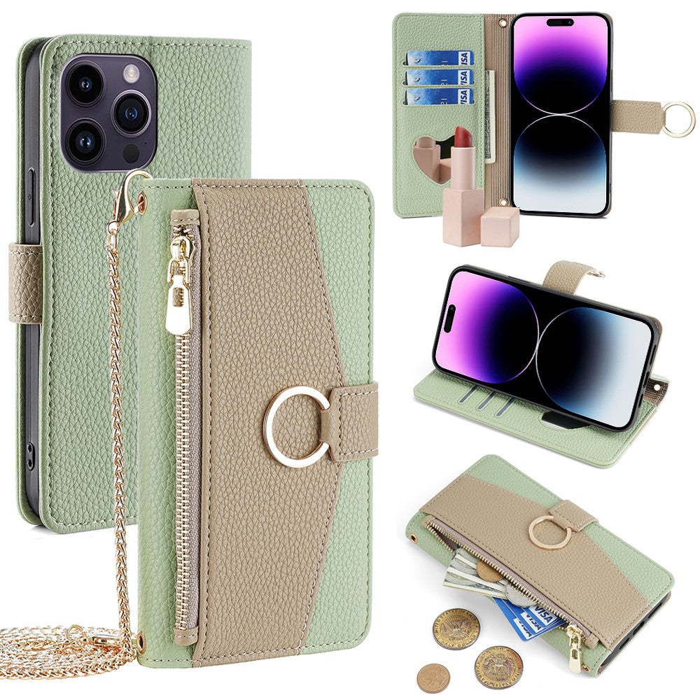 iPhone 14 Pro Max Wallet-Hülle – Litschi-Textur, mit Spiegel & Kettenschultergurt