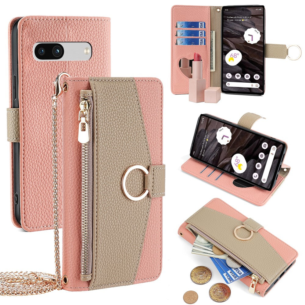 Pixel 7a Wallet-Hülle – Litschi-Textur, mit Spiegel & Kettenschultergurt