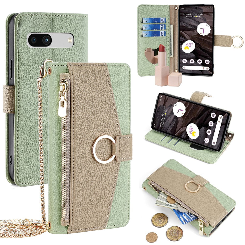 Pixel 7a Wallet-Hülle – Litschi-Textur, mit Spiegel & Kettenschultergurt