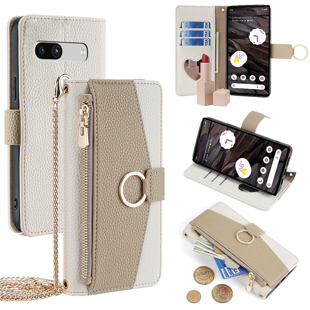 Pixel 7a Wallet-Hülle – Litschi-Textur, mit Spiegel & Kettenschultergurt