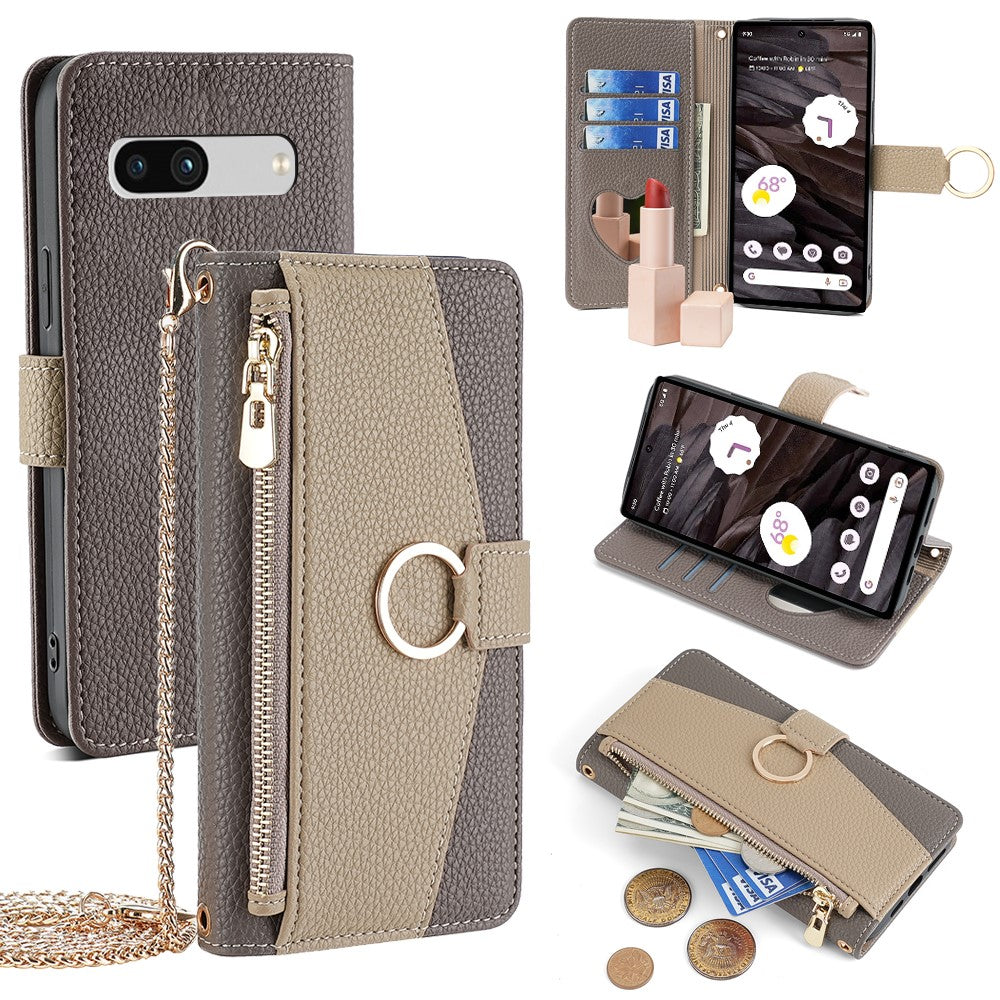 Pixel 7a Wallet-Hülle – Litschi-Textur, mit Spiegel & Kettenschultergurt