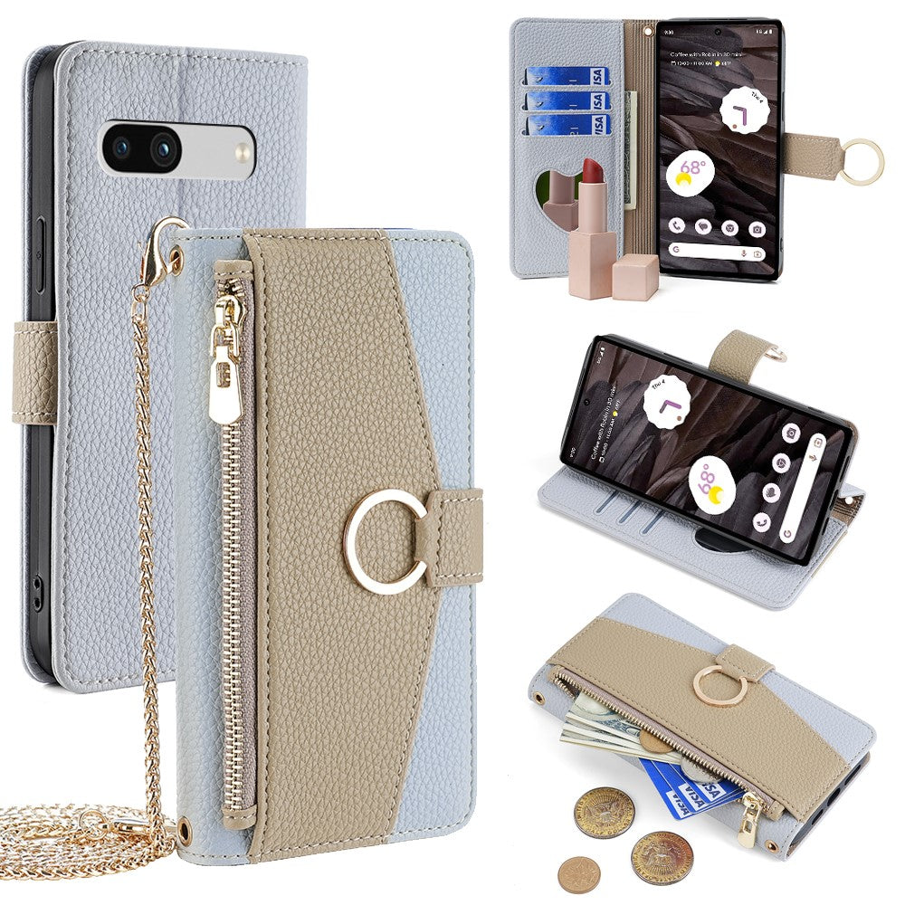 Pixel 7a Wallet-Hülle – Litschi-Textur, mit Spiegel & Kettenschultergurt