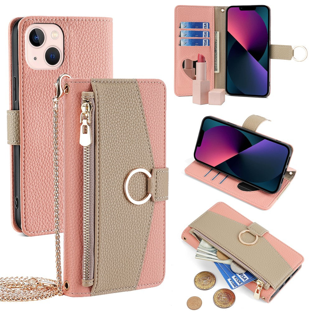 iPhone 13 Wallet-Hülle – Litschi-Textur, mit Spiegel & Kettenschultergurt