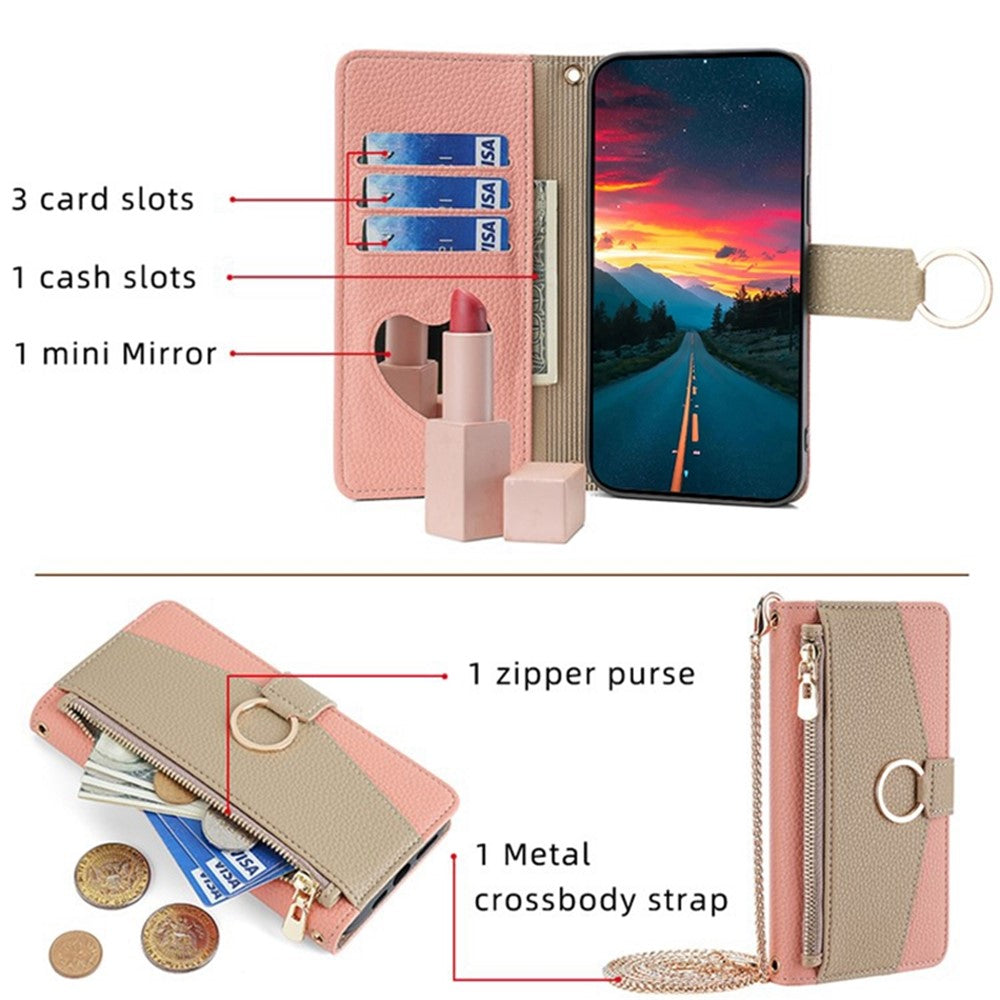 iPhone 13 Wallet-Hülle – Litschi-Textur, mit Spiegel & Kettenschultergurt