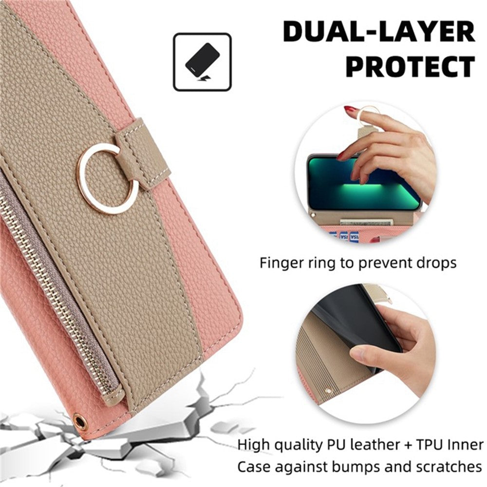 iPhone 13 Wallet-Hülle – Litschi-Textur, mit Spiegel & Kettenschultergurt