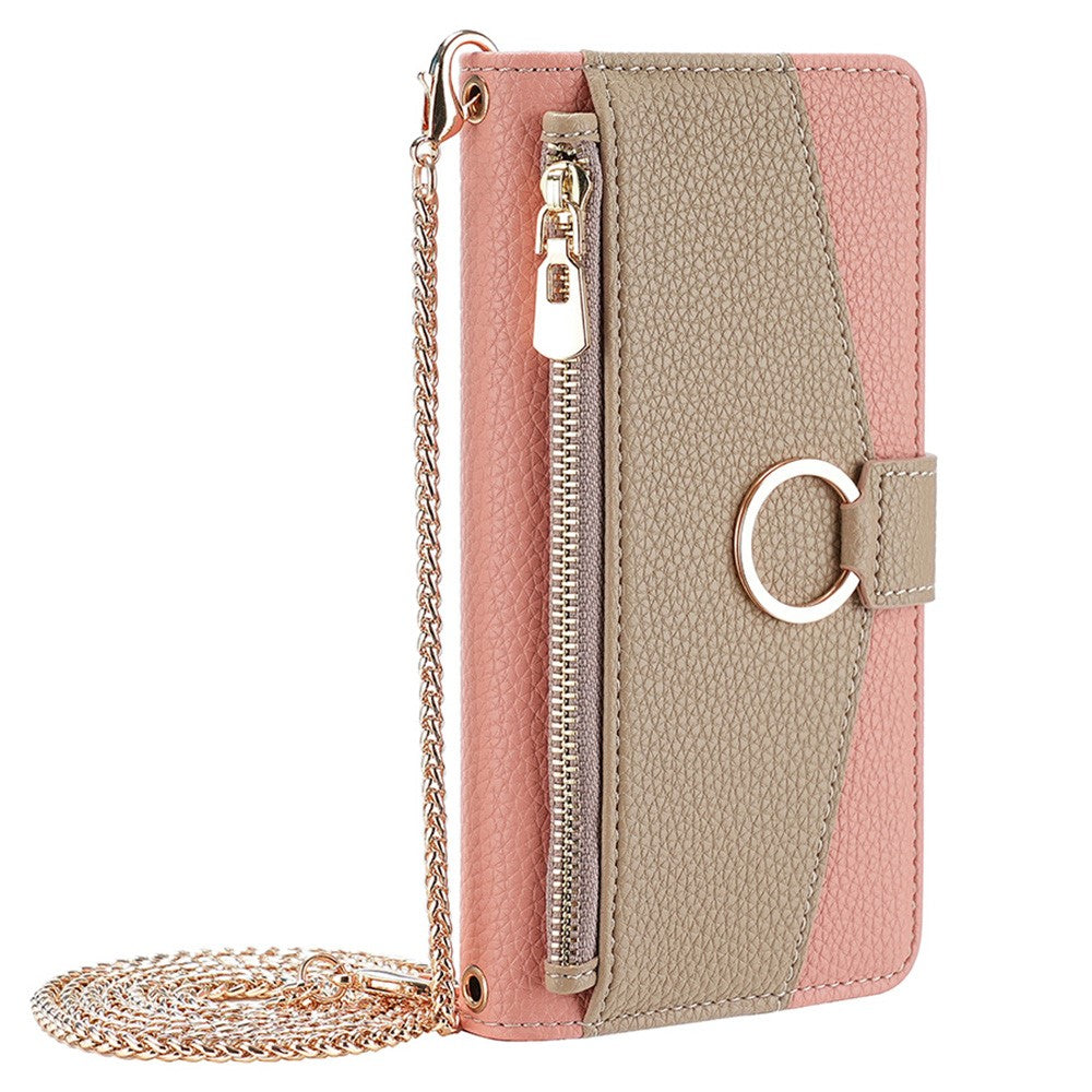iPhone 13 Wallet-Hülle – Litschi-Textur, mit Spiegel & Kettenschultergurt