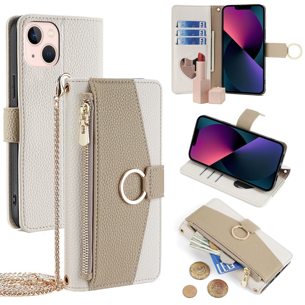 iPhone 13 Wallet-Hülle – Litschi-Textur, mit Spiegel & Kettenschultergurt