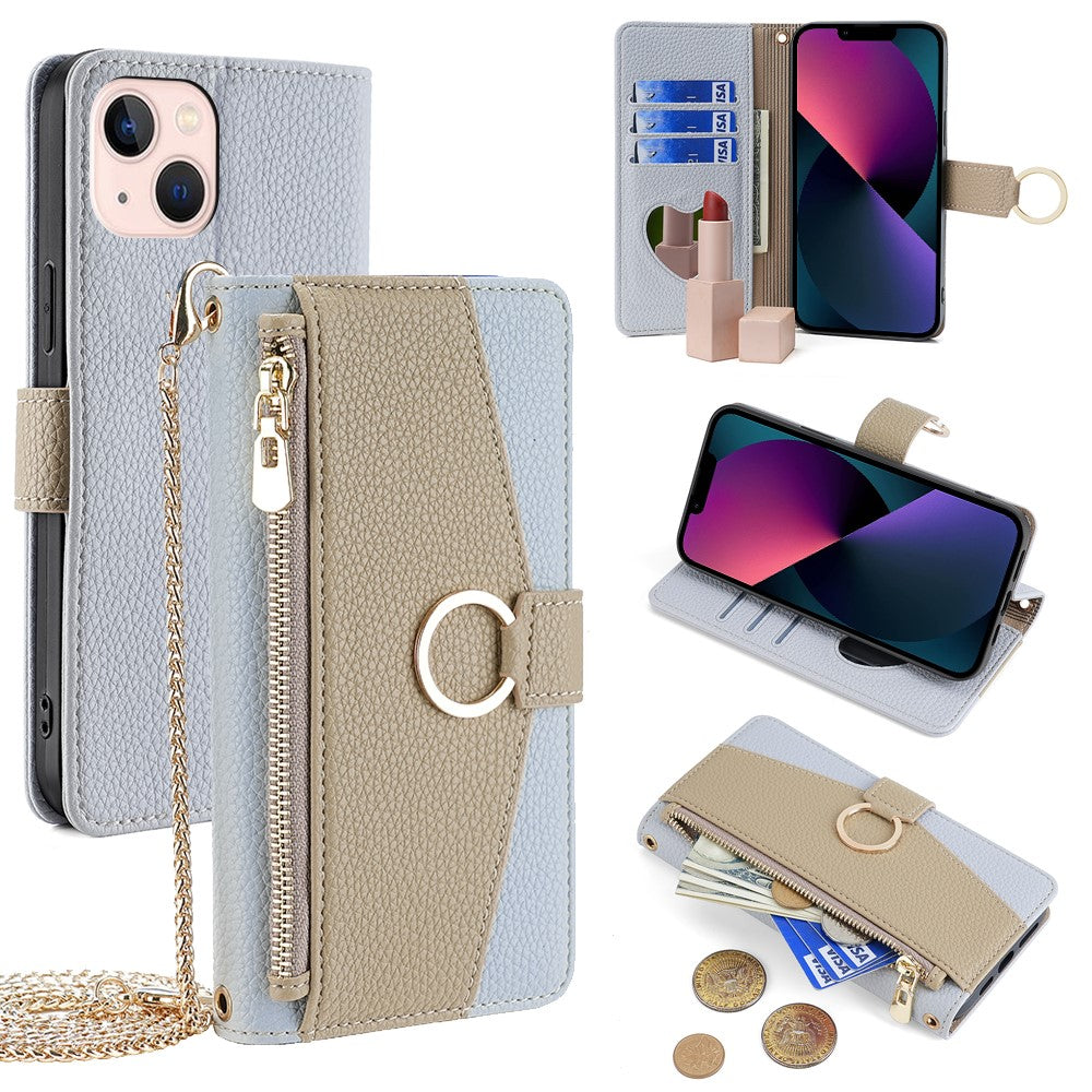 iPhone 13 Wallet-Hülle – Litschi-Textur, mit Spiegel & Kettenschultergurt