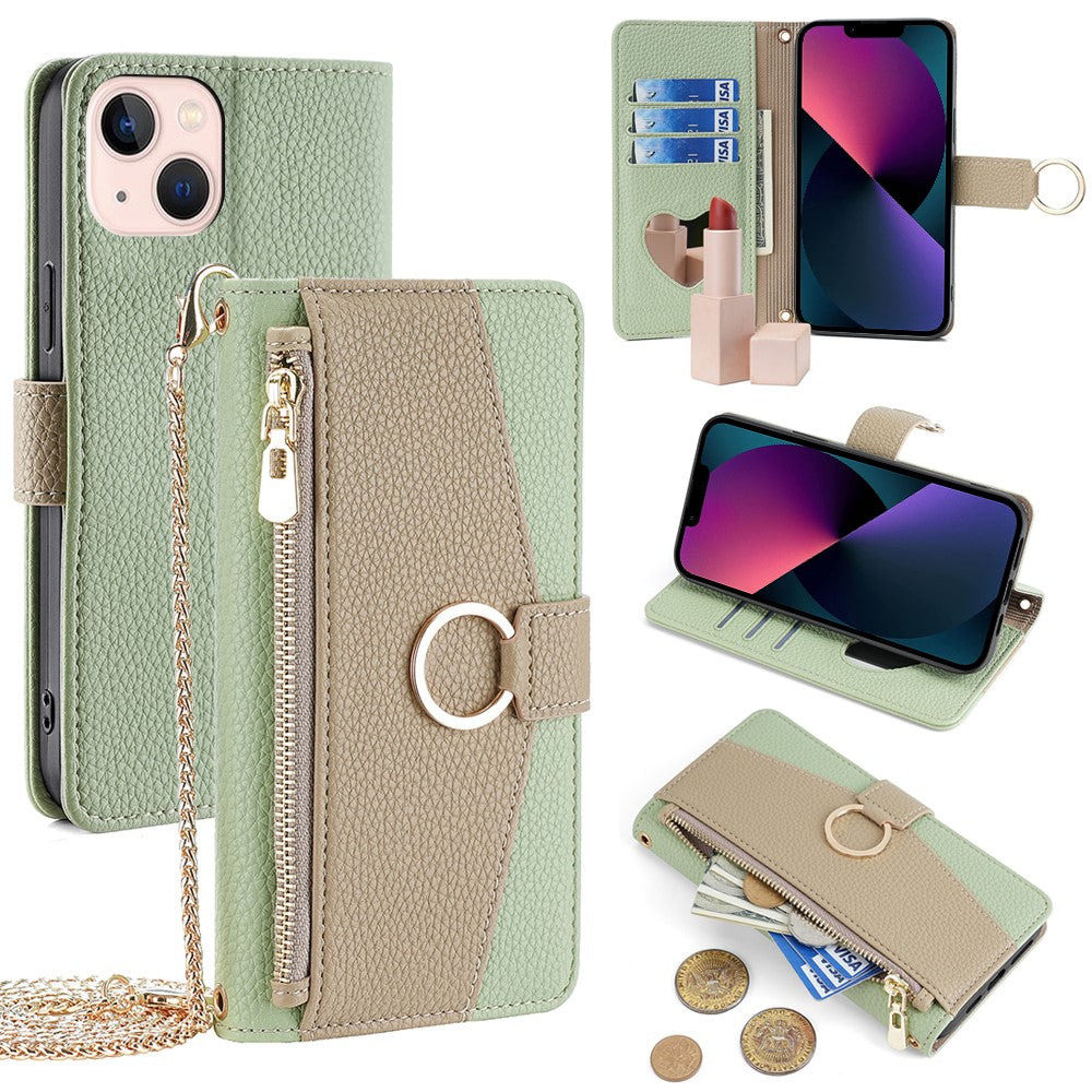 iPhone 13 Wallet-Hülle – Litschi-Textur, mit Spiegel & Kettenschultergurt