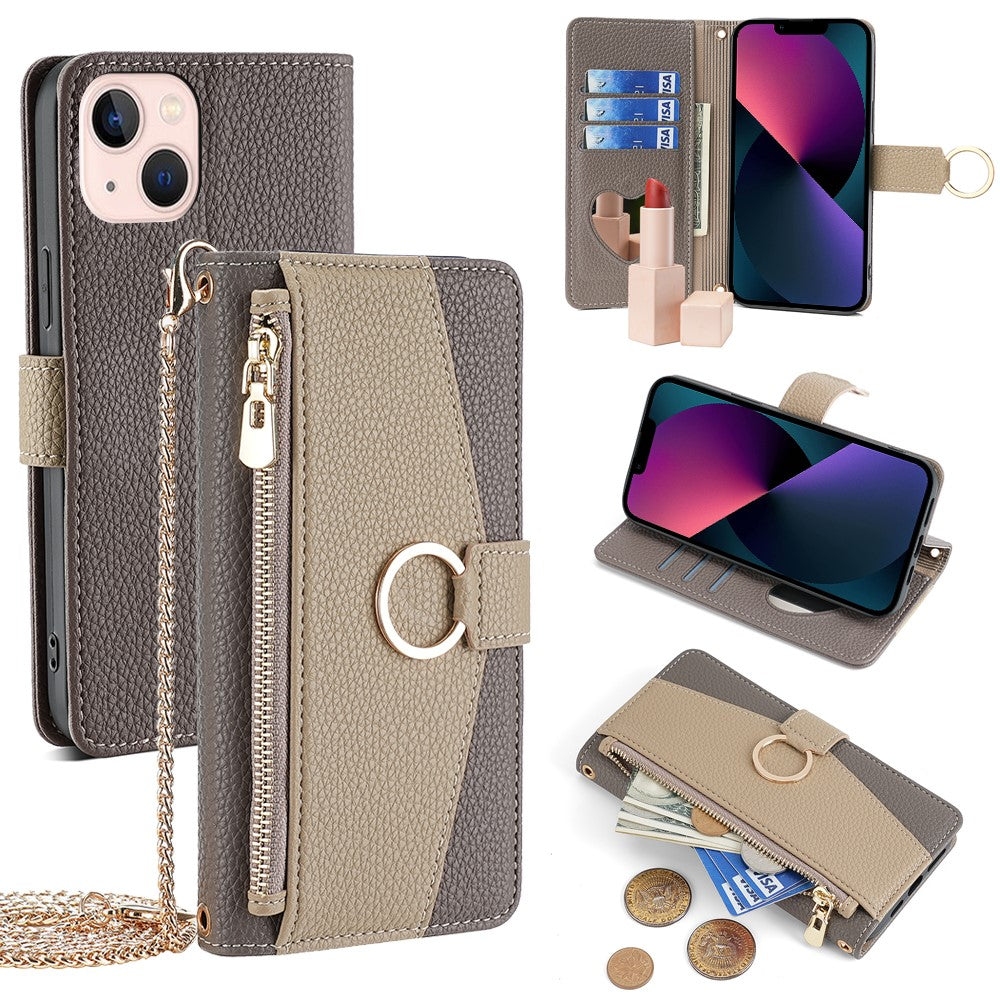 iPhone 13 Wallet-Hülle – Litschi-Textur, mit Spiegel & Kettenschultergurt