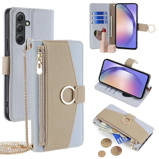 Galaxy A54 5G Wallet-Hülle – Litschi-Textur, mit Spiegel & Kettenschultergurt