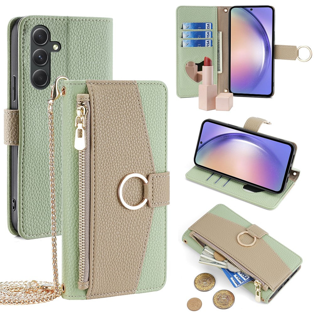 Galaxy A54 5G Wallet-Hülle – Litschi-Textur, mit Spiegel & Kettenschultergurt