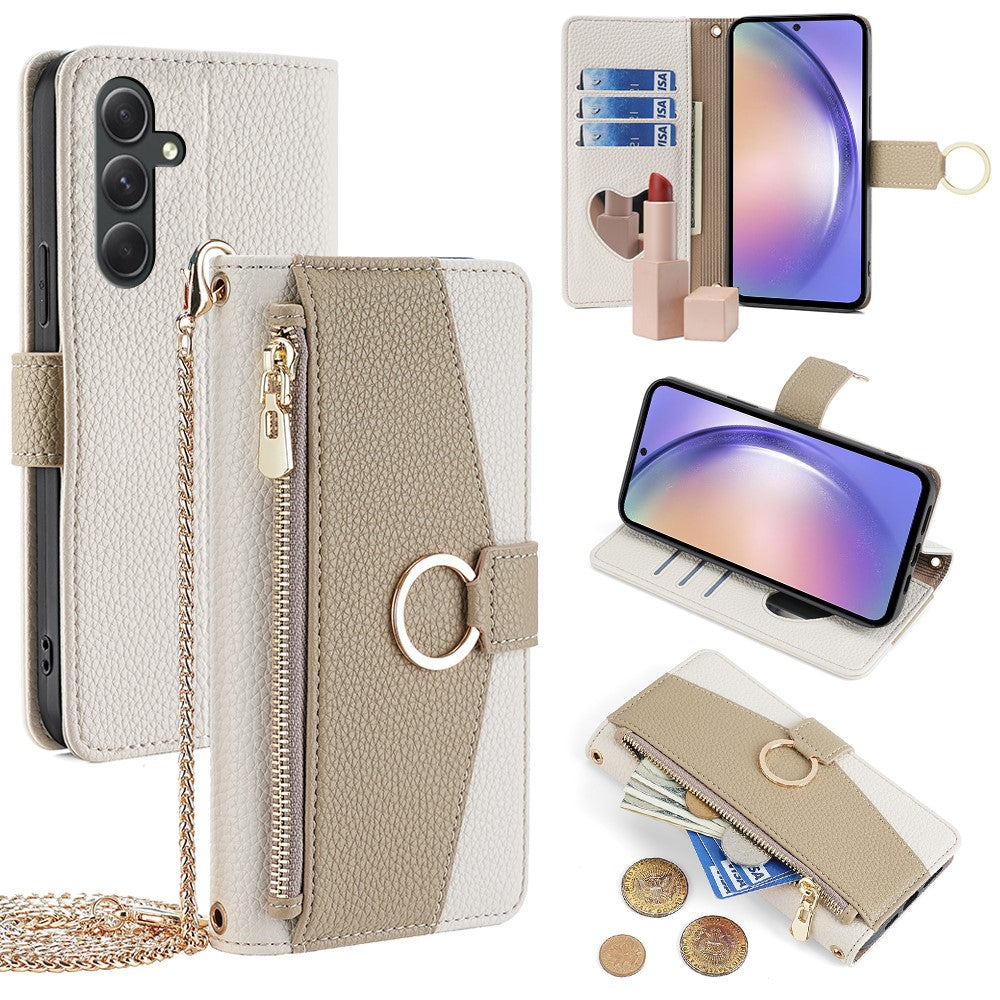 Galaxy A54 5G Wallet-Hülle – Litschi-Textur, mit Spiegel & Kettenschultergurt