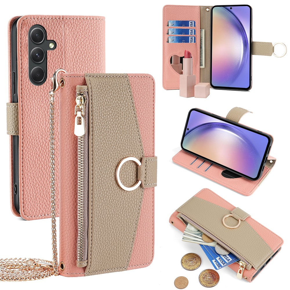 Galaxy A54 5G Wallet-Hülle – Litschi-Textur, mit Spiegel & Kettenschultergurt