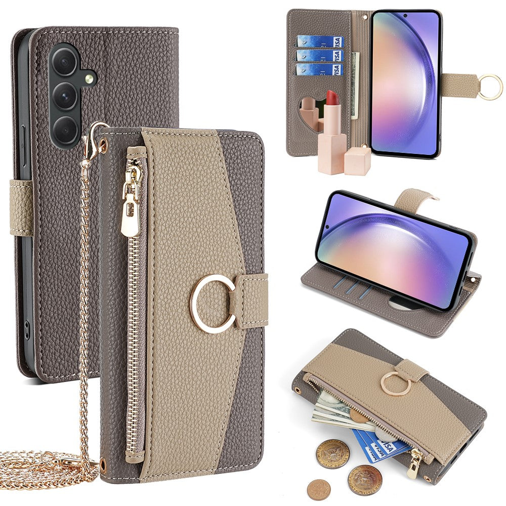 Galaxy A54 5G Wallet-Hülle – Litschi-Textur, mit Spiegel & Kettenschultergurt