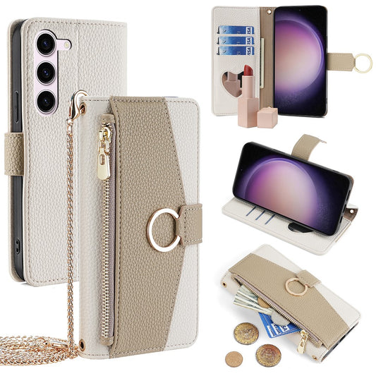 Galaxy S23 Wallet-Hülle – Litschi-Textur, mit Spiegel & Kettenschultergurt