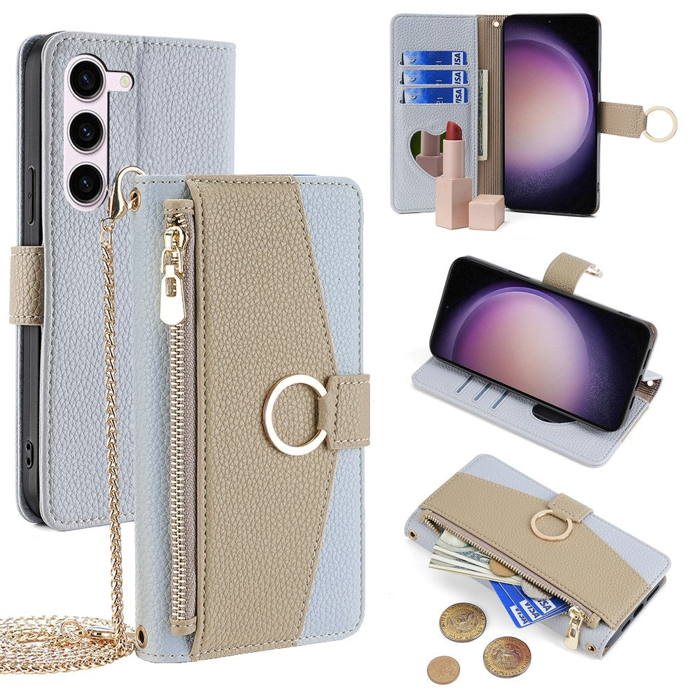 Galaxy S23 Wallet-Hülle – Litschi-Textur, mit Spiegel & Kettenschultergurt