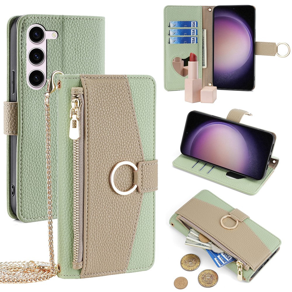 Galaxy S23 Wallet-Hülle – Litschi-Textur, mit Spiegel & Kettenschultergurt