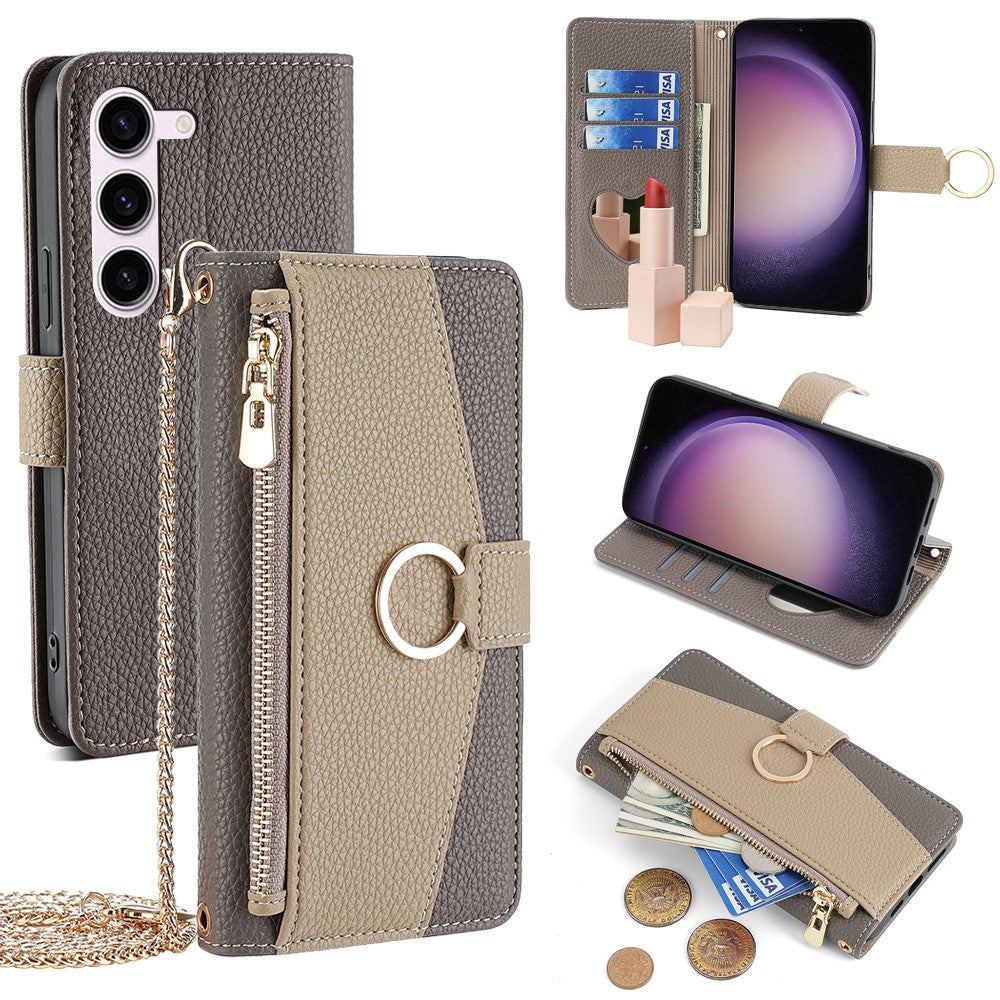 Galaxy S23 Wallet-Hülle – Litschi-Textur, mit Spiegel & Kettenschultergurt