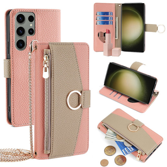 Galaxy S23 Ultra Wallet-Hülle – Litschi-Textur, mit Spiegel & Kettenschultergurt