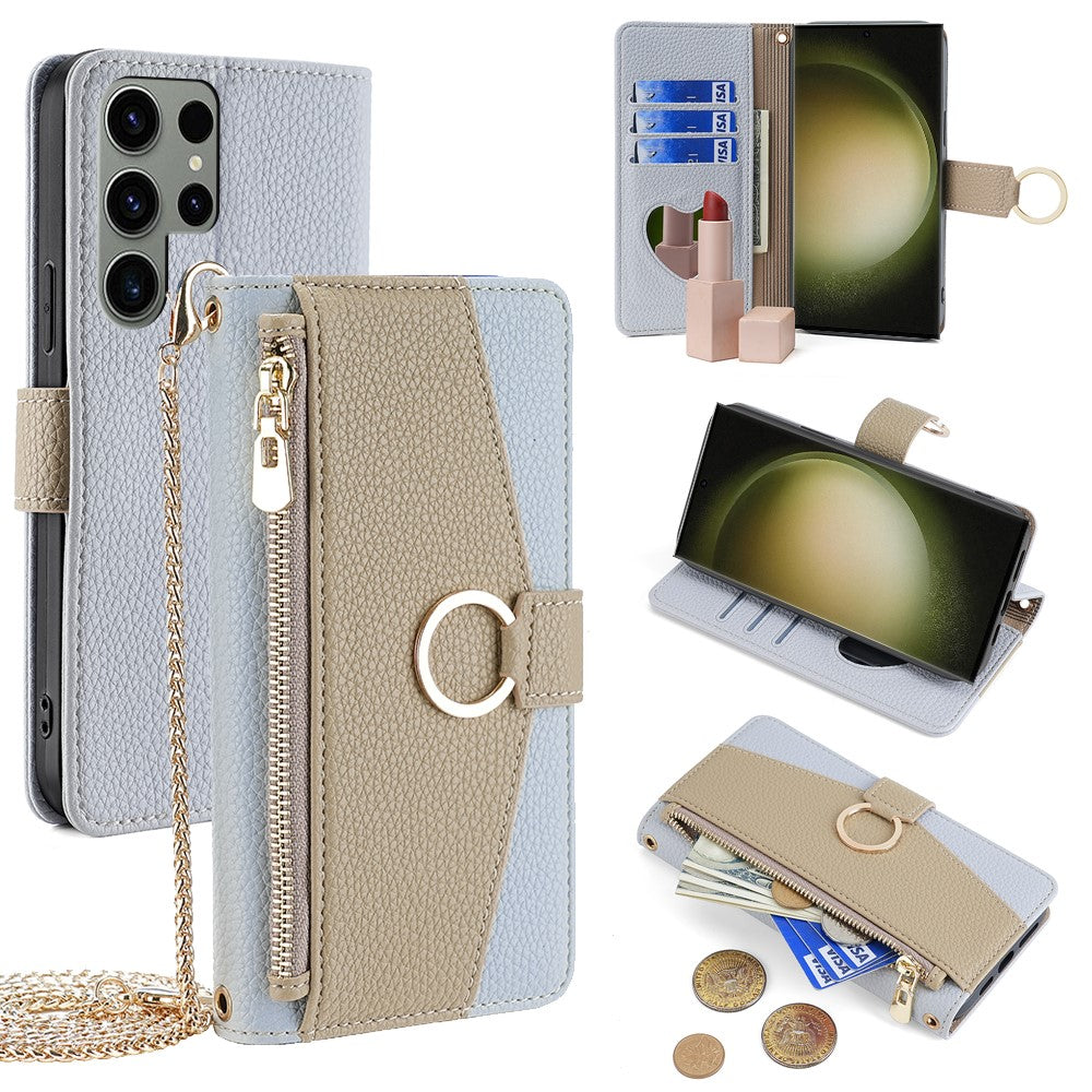 Galaxy S23 Ultra Wallet-Hülle – Litschi-Textur, mit Spiegel & Kettenschultergurt