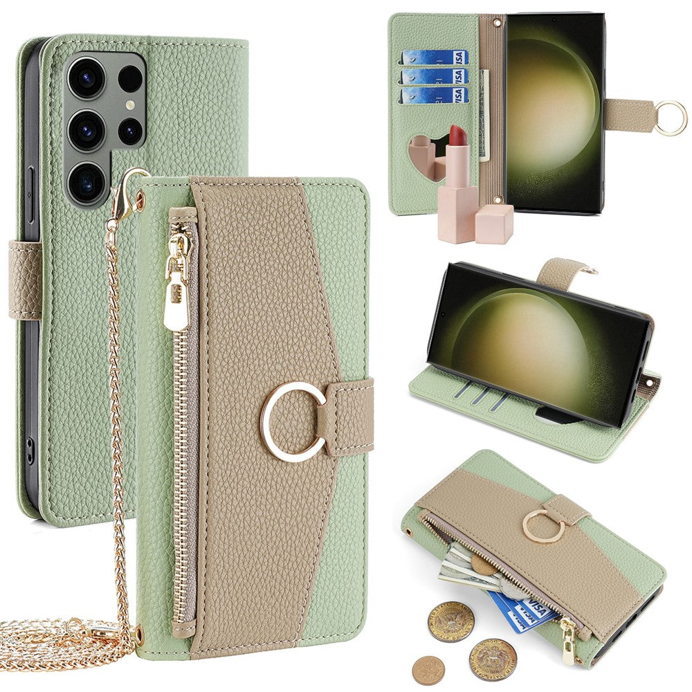 Galaxy S23 Ultra Wallet-Hülle – Litschi-Textur, mit Spiegel & Kettenschultergurt