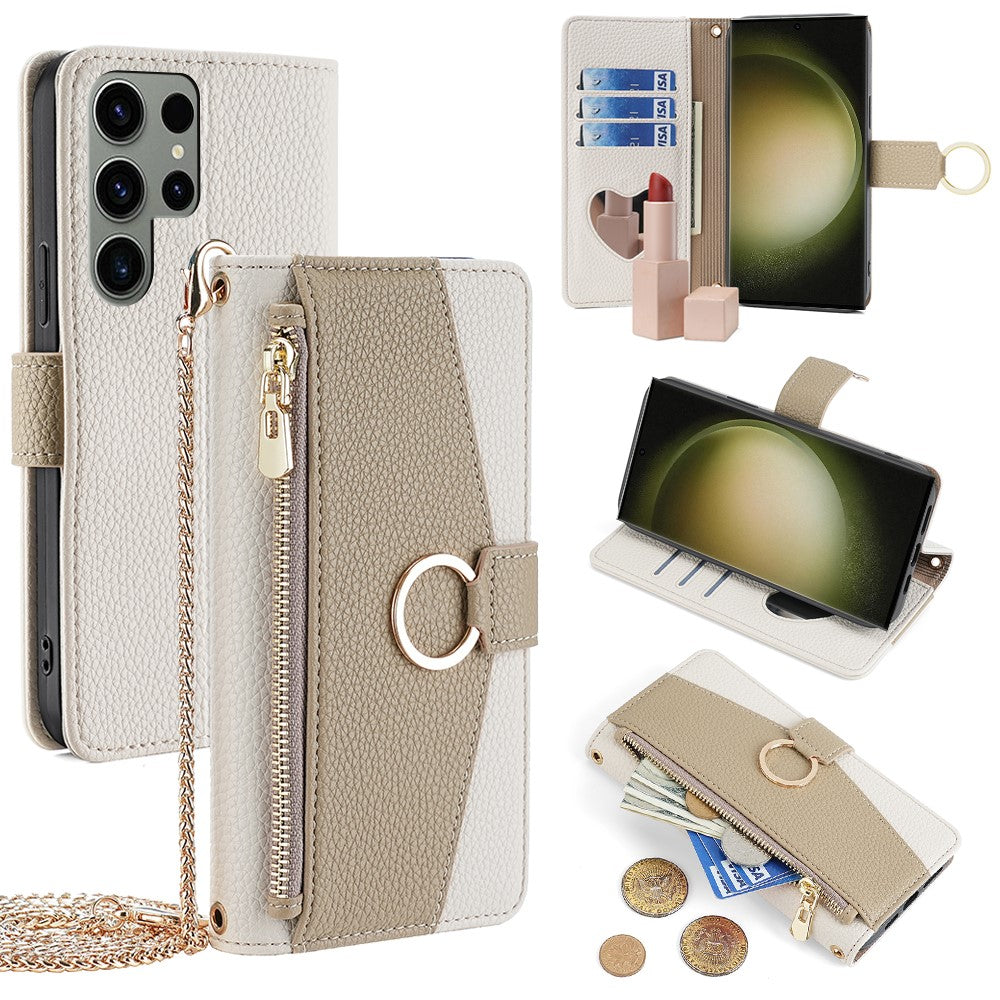 Galaxy S23 Ultra Wallet-Hülle – Litschi-Textur, mit Spiegel & Kettenschultergurt
