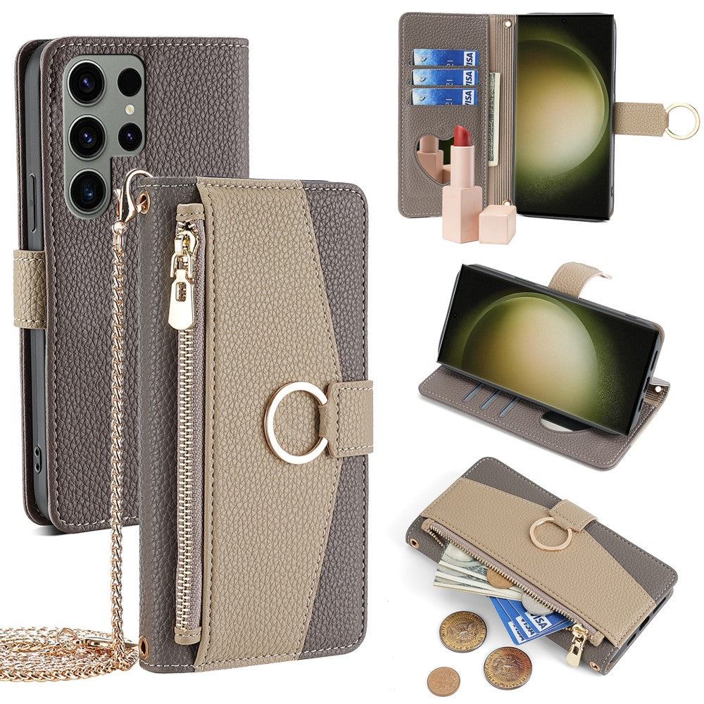 Galaxy S23 Ultra Wallet-Hülle – Litschi-Textur, mit Spiegel & Kettenschultergurt