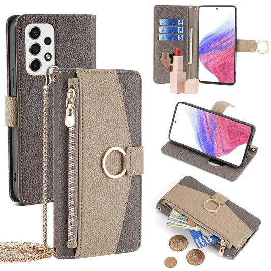 Galaxy A53 5G Wallet-Hülle – Litschi-Textur, mit Spiegel & Kettenschultergurt