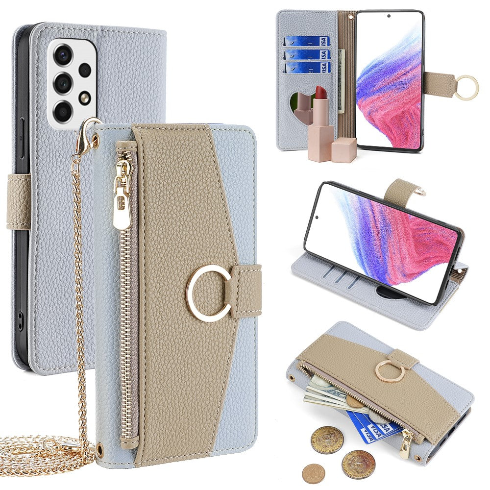 Galaxy A53 5G Wallet-Hülle – Litschi-Textur, mit Spiegel & Kettenschultergurt