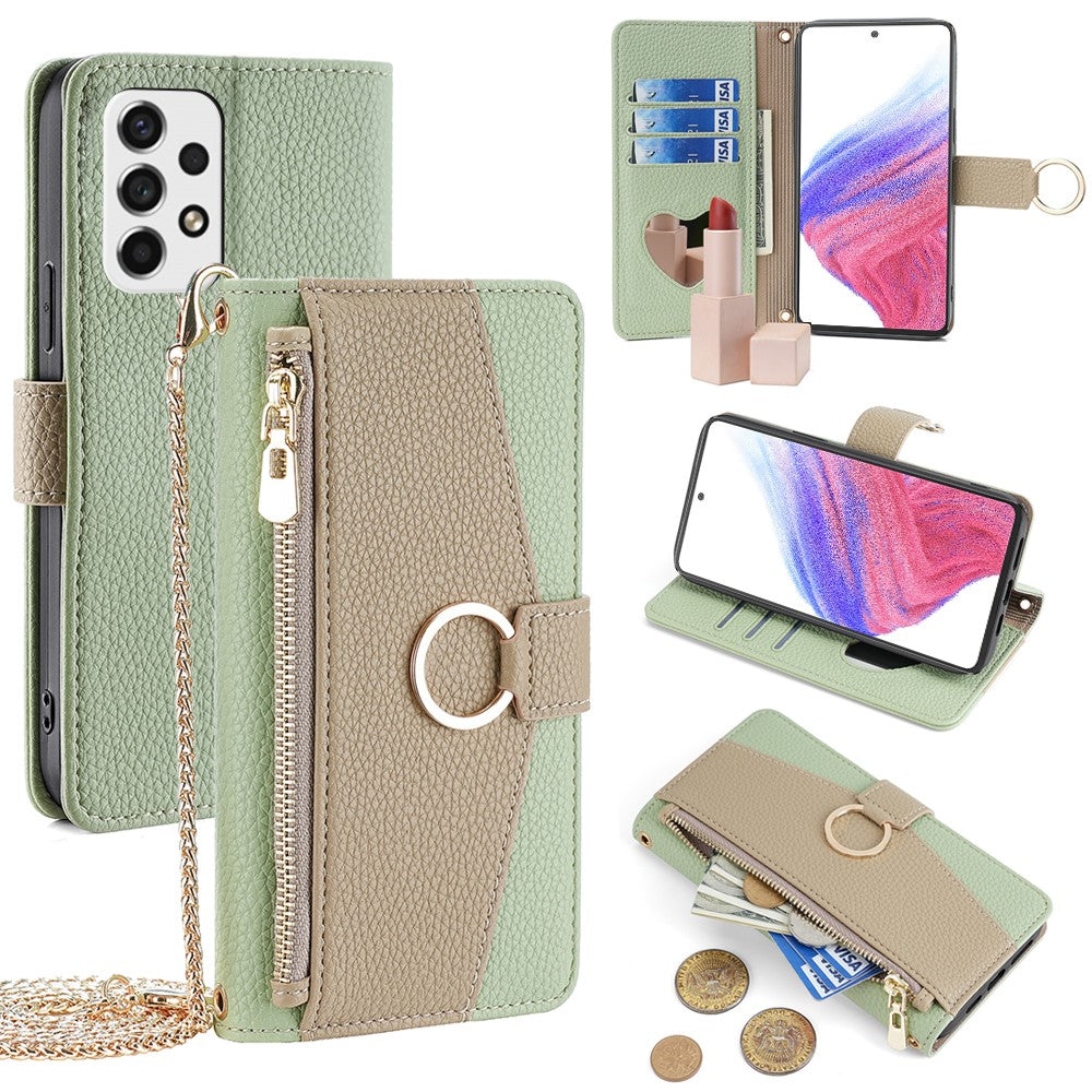 Galaxy A53 5G Wallet-Hülle – Litschi-Textur, mit Spiegel & Kettenschultergurt