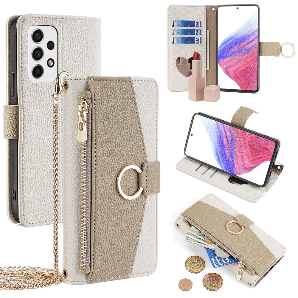 Galaxy A53 5G Wallet-Hülle – Litschi-Textur, mit Spiegel & Kettenschultergurt