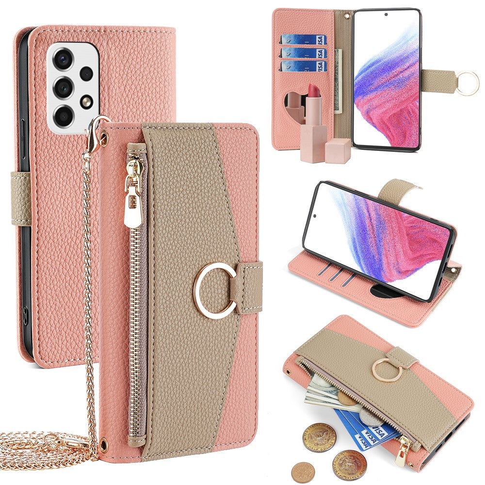 Galaxy A53 5G Wallet-Hülle – Litschi-Textur, mit Spiegel & Kettenschultergurt