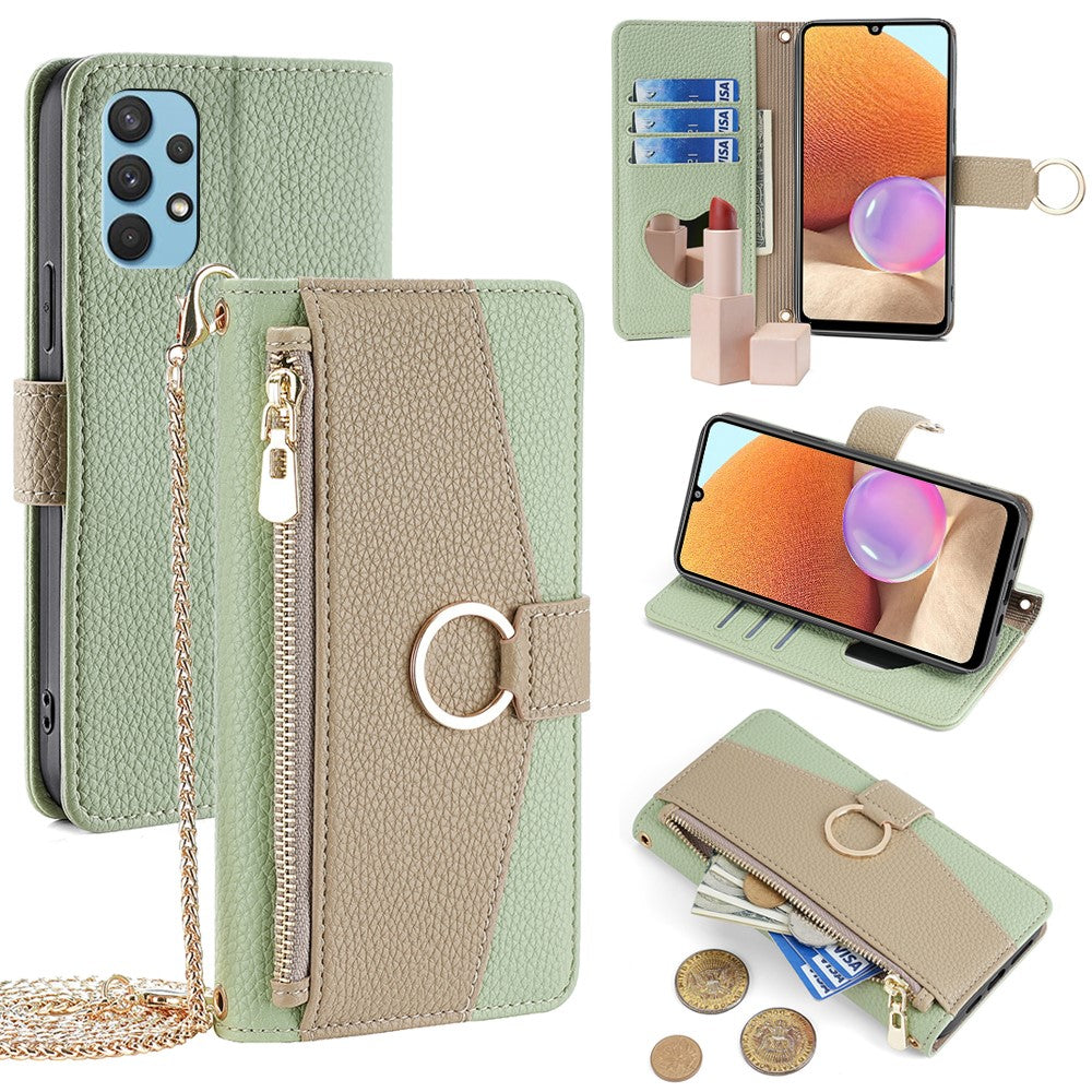 Galaxy A32 4G Wallet-Hülle – Litschi-Textur, mit Spiegel & Kettenschultergurt