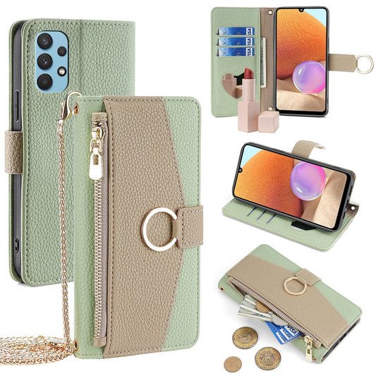 Galaxy A32 4G Wallet-Hülle – Litschi-Textur, mit Spiegel & Kettenschultergurt