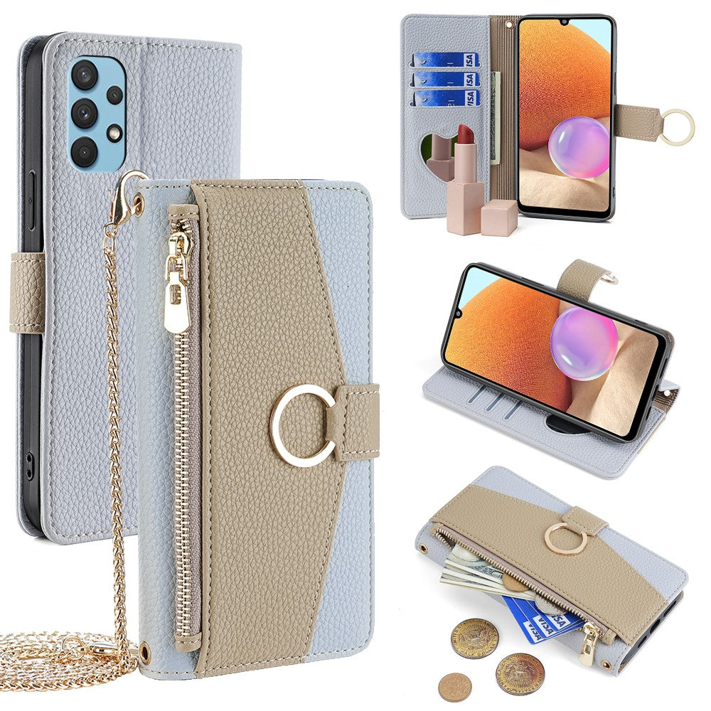 Galaxy A32 4G Wallet-Hülle – Litschi-Textur, mit Spiegel & Kettenschultergurt