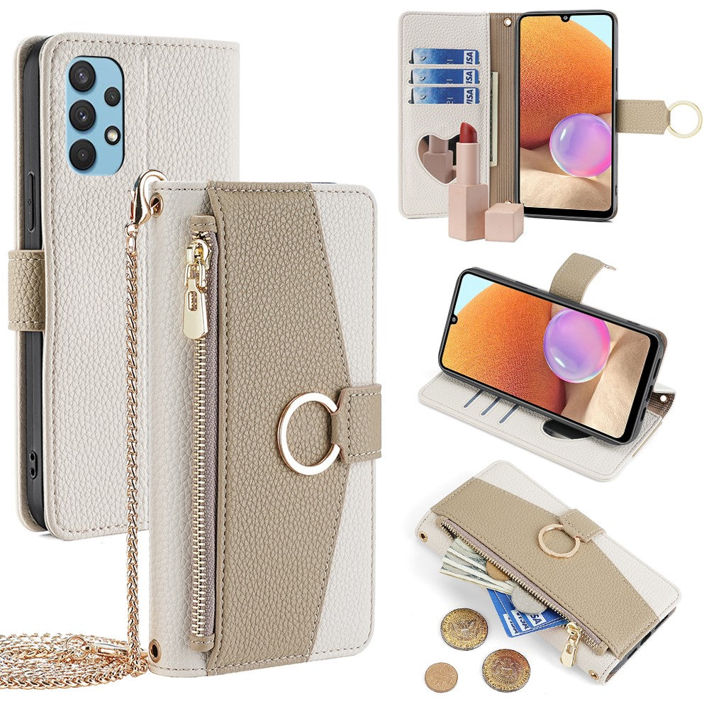 Galaxy A32 4G Wallet-Hülle – Litschi-Textur, mit Spiegel & Kettenschultergurt