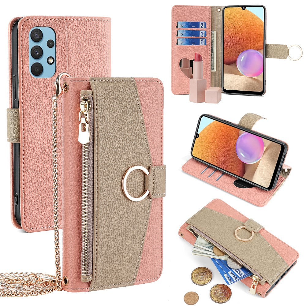 Galaxy A32 4G Wallet-Hülle – Litschi-Textur, mit Spiegel & Kettenschultergurt