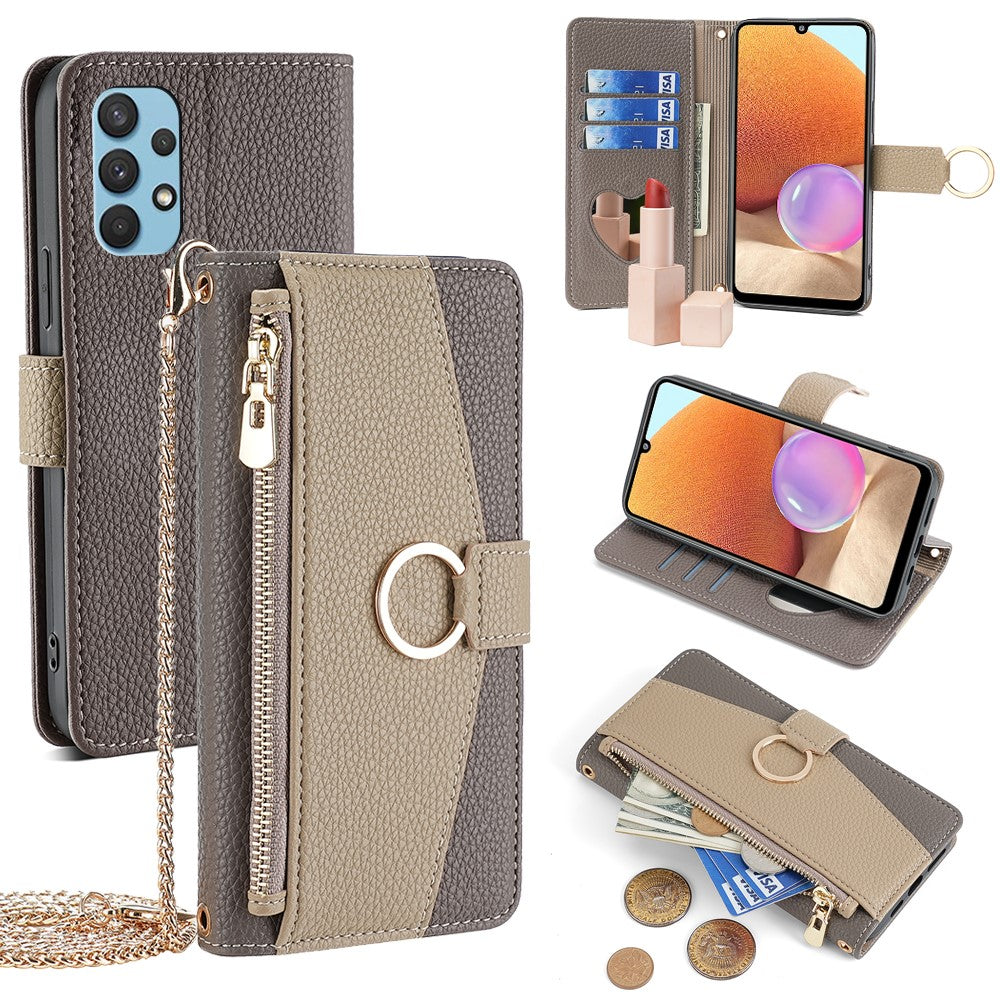 Galaxy A32 4G Wallet-Hülle – Litschi-Textur, mit Spiegel & Kettenschultergurt