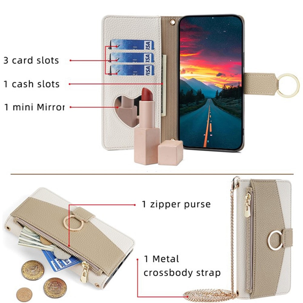 Galaxy A33 5G Wallet-Hülle – Litschi-Textur, mit Spiegel & Kettenschultergurt
