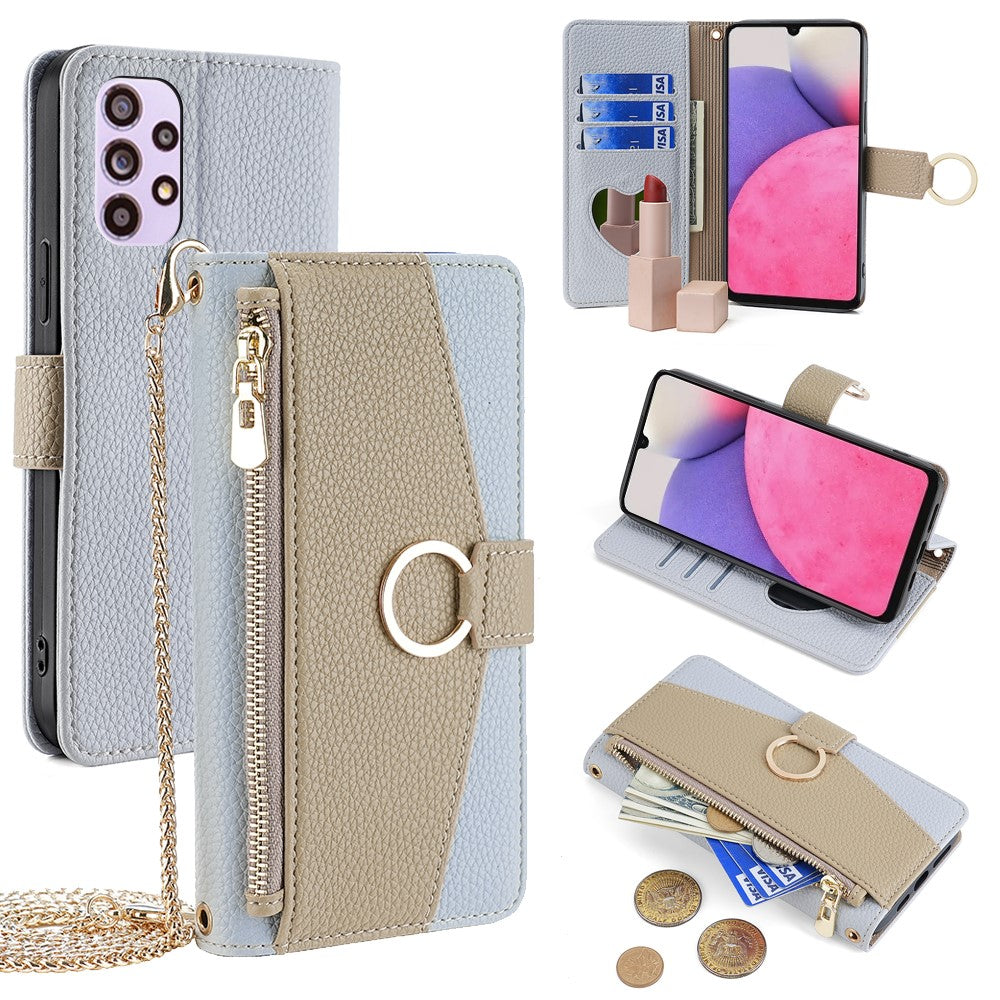 Galaxy A33 5G Wallet-Hülle – Litschi-Textur, mit Spiegel & Kettenschultergurt