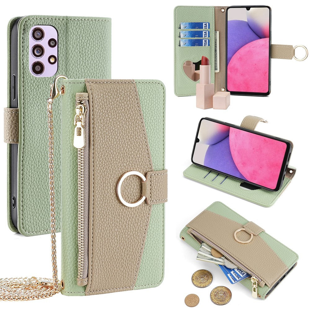 Galaxy A33 5G Wallet-Hülle – Litschi-Textur, mit Spiegel & Kettenschultergurt